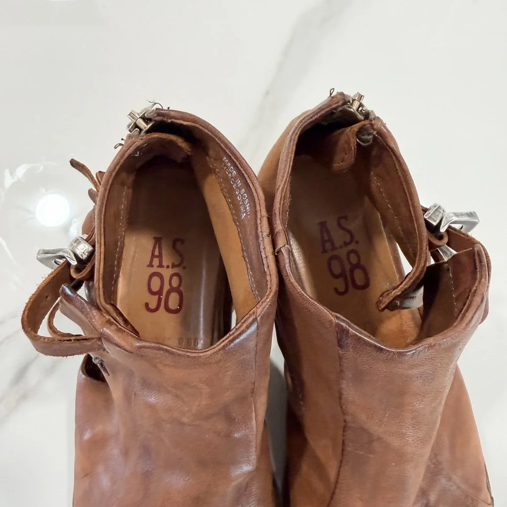 A.S.98 Women Distressed Cognac Leather Western Bootie Buckle Detail - Size 10